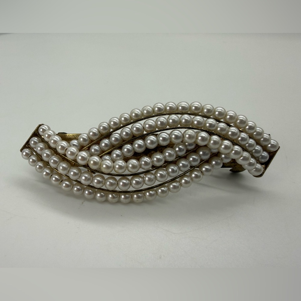 Vintage Classy Faux Pearl Large French Barrette Gold Tone Bridal Hair Clip Gift - Picture 7 of 8